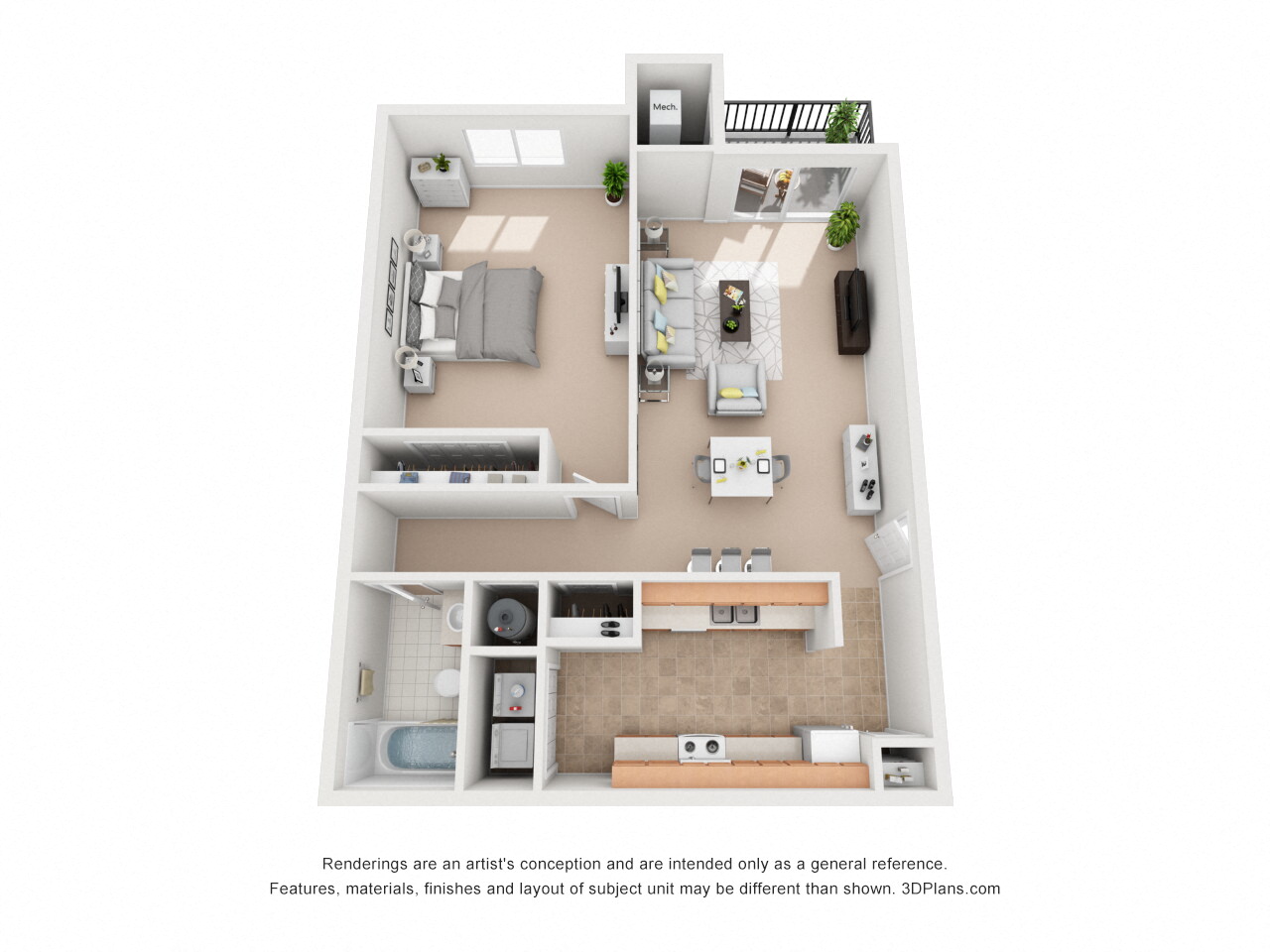 Floor plan for 1 bed, 1 bath, 713 sqft